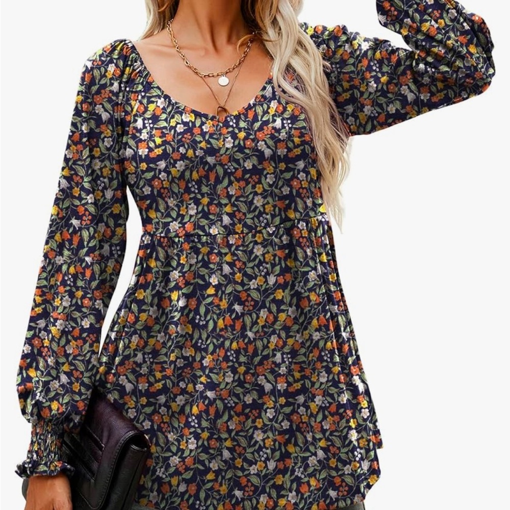 Blue Base Orange Floral-long Sleeve blouse *New w/o tags, never worn